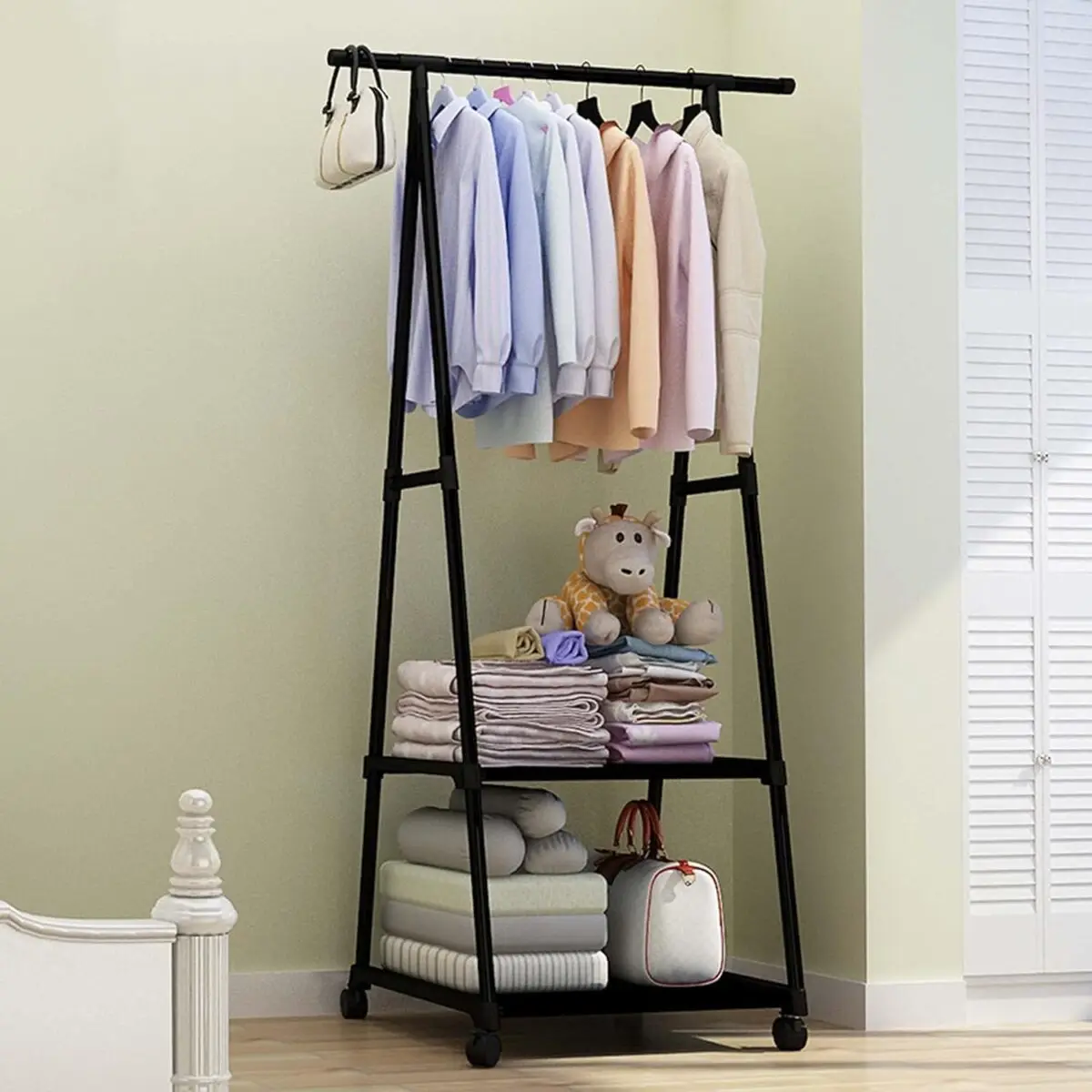 

Strong Load-bearing Capacity Floor Standing Coat Rack Dual Pole Clothes Hanger Bedroom Living Room Movable Clothes Storage Shelf