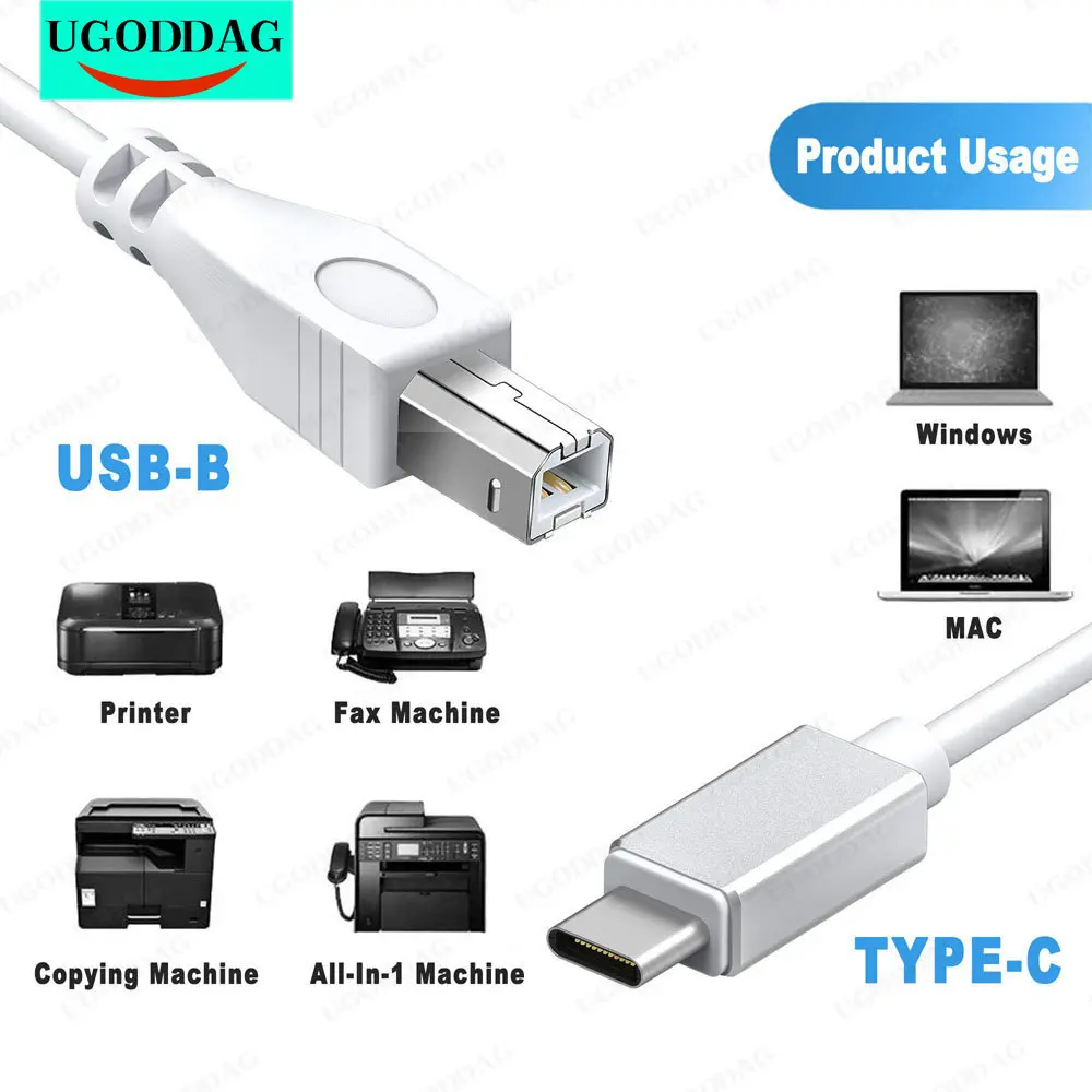 USB C to USB B Printer Cable Type C Male to USB B Male Lead For Google Chromebook Pixel Connect with HP Canon Printers Scanners