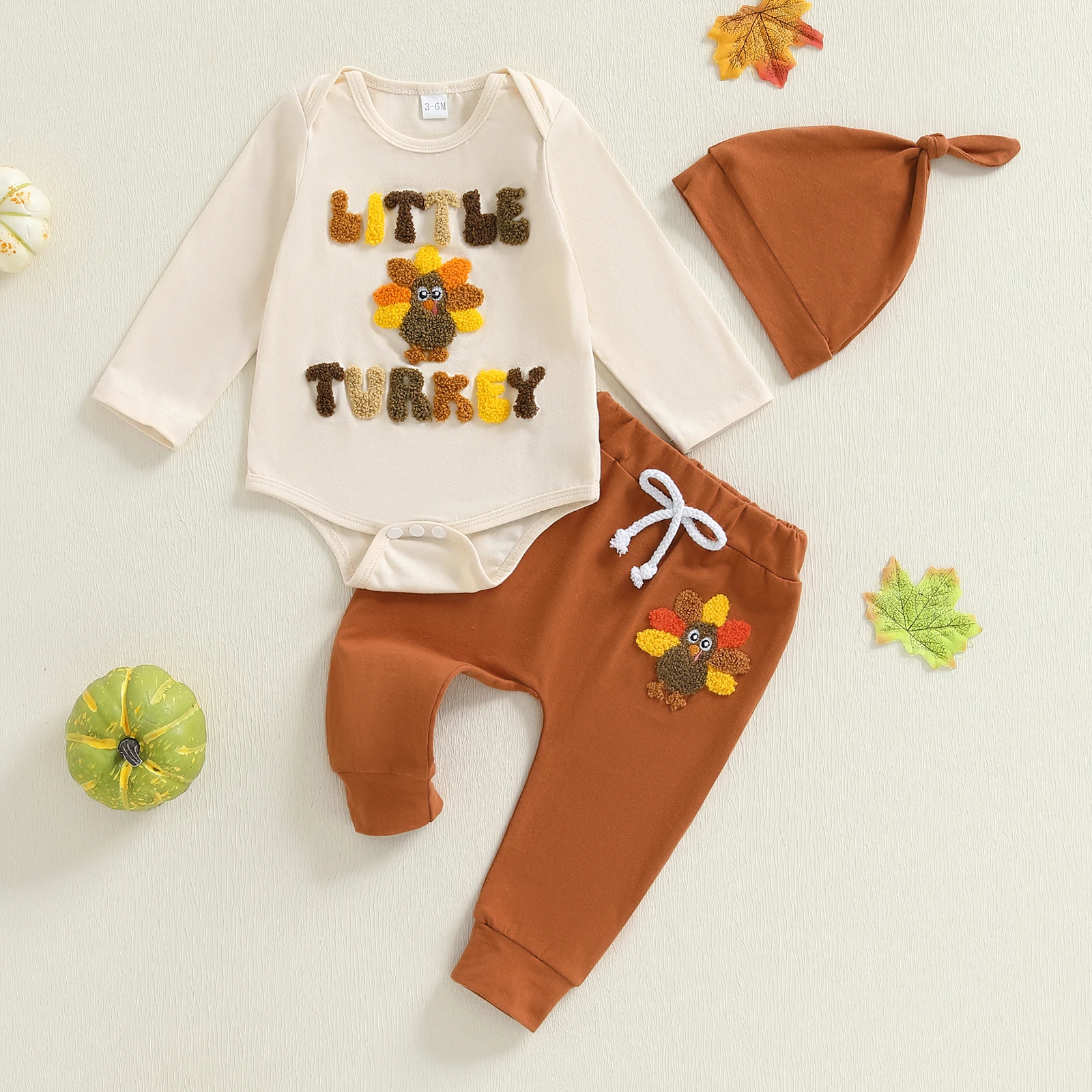 

Baby Boy 3Pcs Thanksgiving Outfits Long Sleeve Turkey Print Romper + Pants + Hat Set Infant Baby Clothes Set