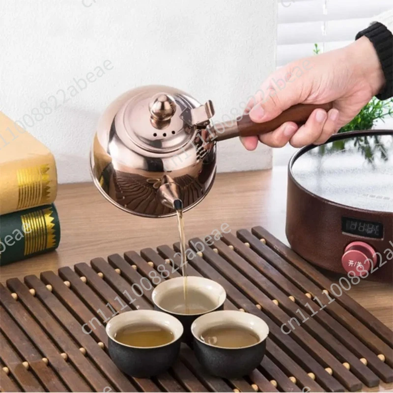 Drinkware 304 Stainless Steel Tea Kettle Flat Bottom Chinese Boiling Water Kettle Retro Side Wooden Handle Teapot Restaurant