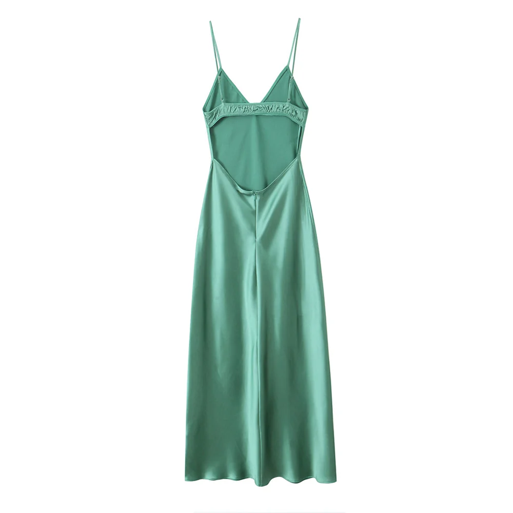 PB&ZA 2024 Spring New Women\'s Fashion and Elegance Versatile Satin Midi Strap Long Slim Fit Dress