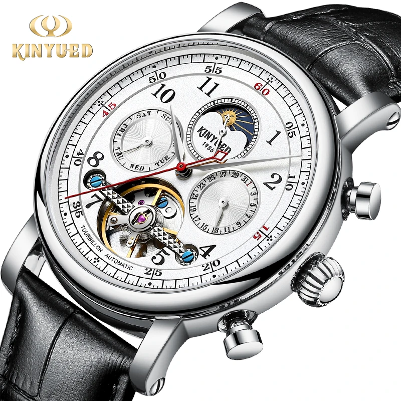 

KINYUED полностью автоматические механические часы, скелетонизированные мужские механические часы, модные мужские часы с ремешком из искусственной кожи, нежные
