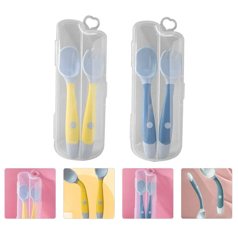 

2 Sets Baby Eating Training Tableware Children Twistable Soft Flexible Fork Spoon Infant Feeding Silicone Bendable Tableware