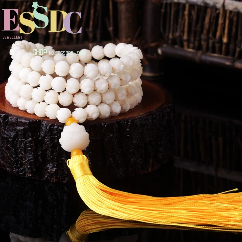 

Natural White Root 108 Bracelet Hand-carved Lotus Bodhi Men And Women Beads Rosary Tassel Style