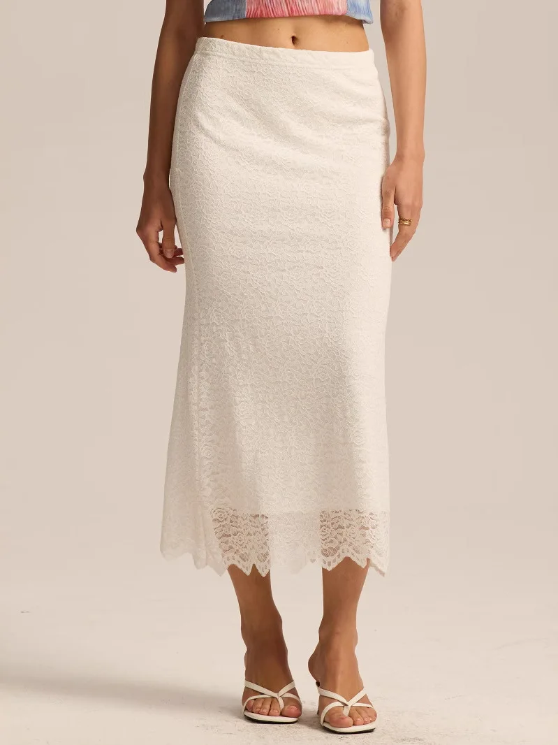 กระโปรงยาวเอวสูงผ้าลูกไม้ทรงเข้ารูปเซ็กซี่สไตล์ยุโรปสำหรับผู้หญิง ทำจากเส้นใยโพลีเอสเตอร์แบบพันรอบตัว