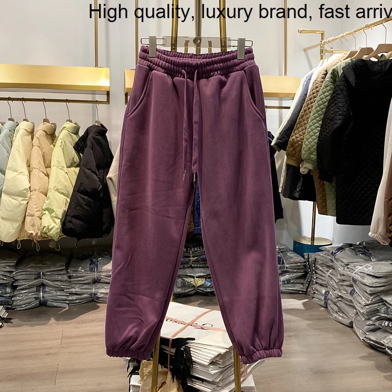 Thicken 【Live Shot】korea Fleece Female Sweatpants 2023 New Winter Warm Drawstring Elastic Waist Casual Harem Pants