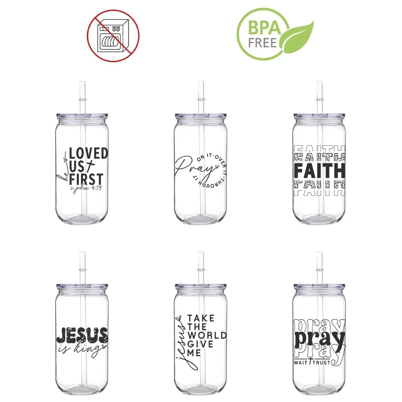 3D DIY Christ Letter Printed Transfer PET Plastic 16 OZ Straw Cup Comes With Straw And Cup Lid Faith Pray Jesus Design