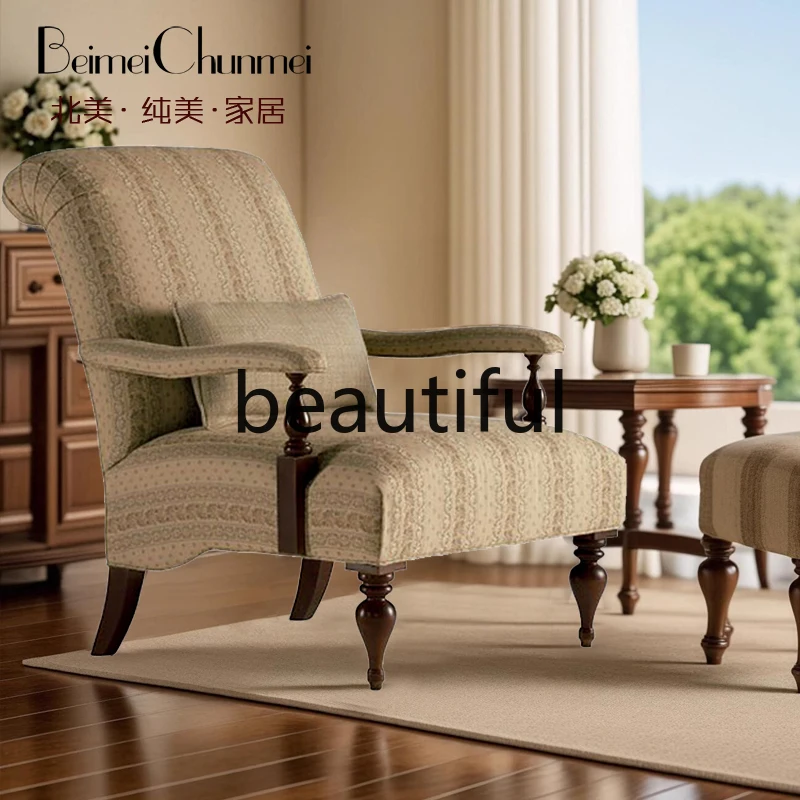 American retro tiger chair casual striped high backrest cotton and linen fabric single sofa lazy sofa