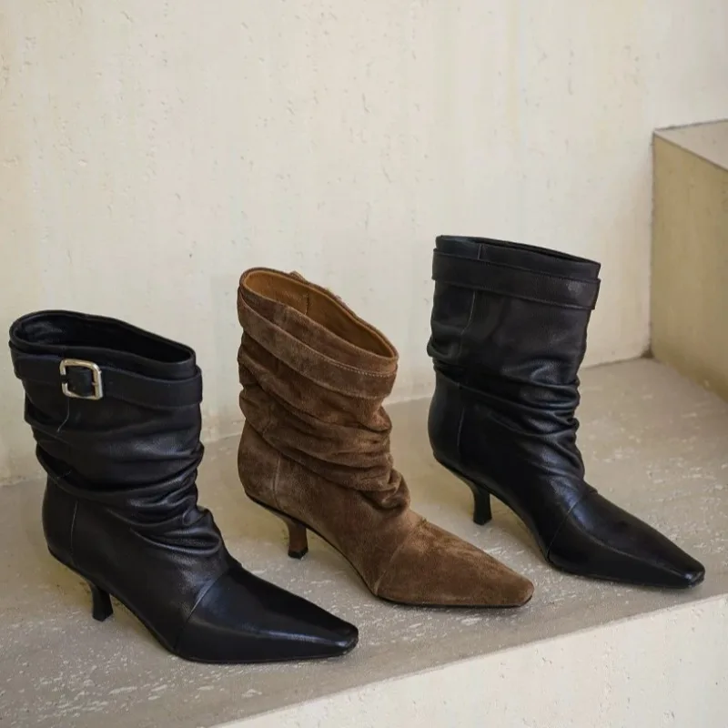 Women's Pointed Toe Pleated Pile Boots Belt Buckle Autumn Winter Brown Short Pump Heels