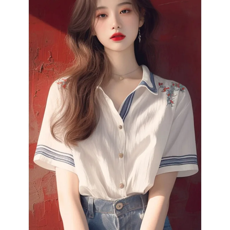 

Women's fashion casual short-sleeved striped polo collar button-up shirt tops