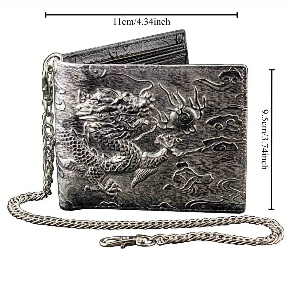 Punk Rock Biker Herren-Geldbörse mit Metallkette Retro Silberner Drache Geprägt Echtes Leder Diebstahlsichere Kettenbörse für Männer – Detail 2