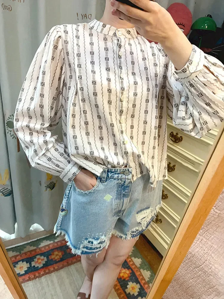 Women Long Sleeve Shirts Stripes Printed Waist Lace-up Vintage O-neck 2024 Early Autumn Female Casual Blouse Top