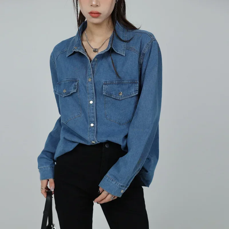

Denim Shirts for Women Washed Tops Blouse Jackets Pockets Lapel Single Breasted Female Overshirt 2025 Streetwear Outerwear