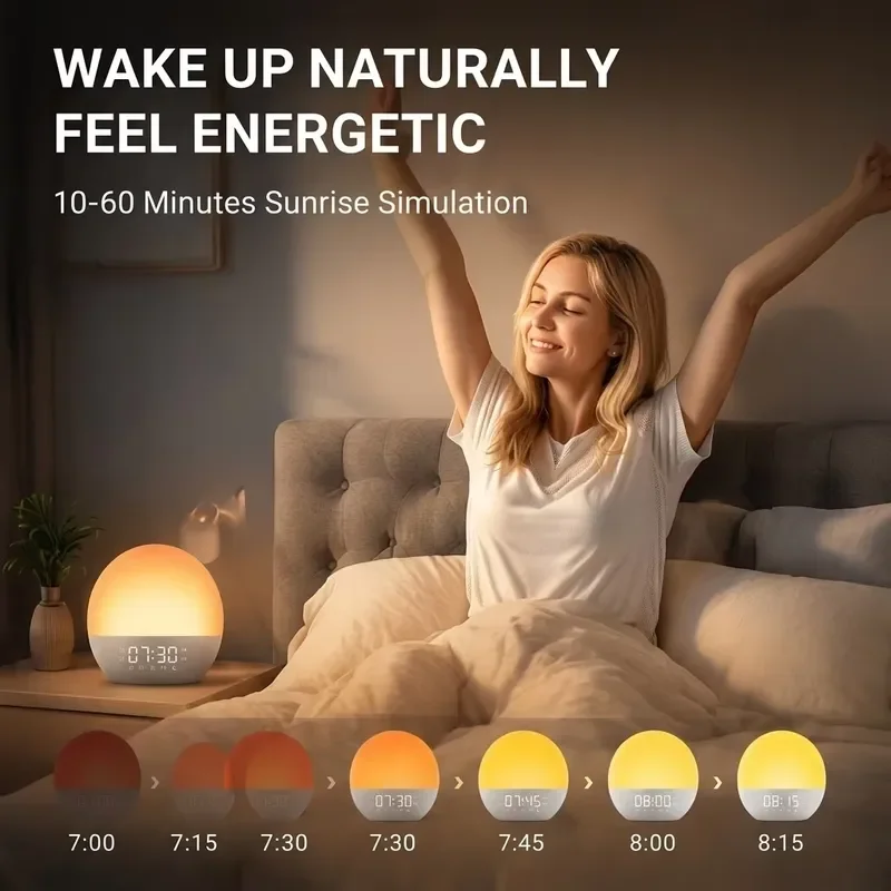 Sunrise Alarm Clock with Bluetooth Speaker FM Radio Dual Alarm Natural Sounds Sleep Aid Light Waterproof Fabric Wake Up Lamp