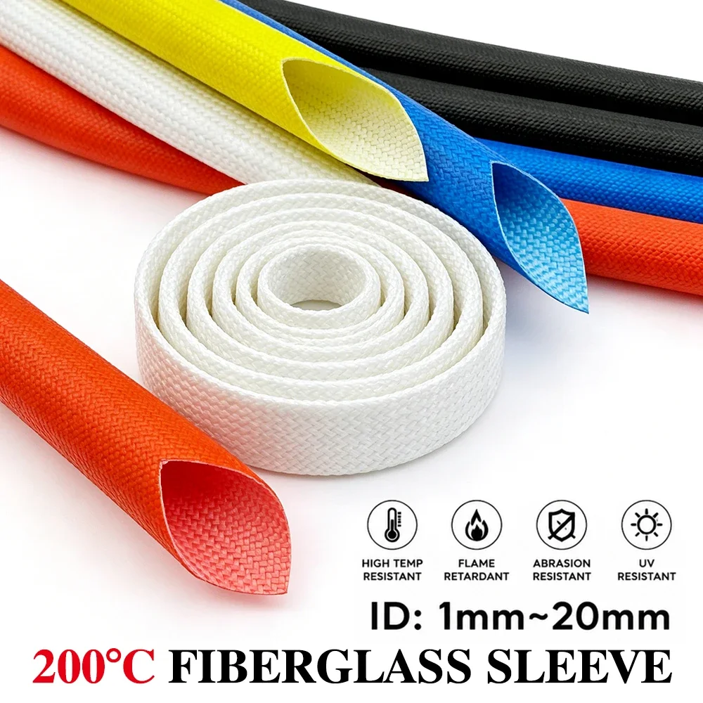 200 Deg C ID 1~20 mm Flame Resistant Glass Fiber Fiberglass Silicone Resin Insulate Wire Cable Sleeve Pipe Tube Tubing 1/3/5M