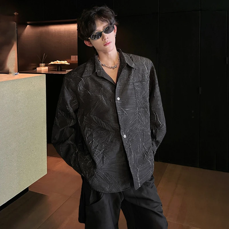 WTHT Trendy 2026 Summer Men's Striped Pleated Loose Shirts Fashion 2026 Summer American Style Lapel Long Sleeves Top Male 2A2843