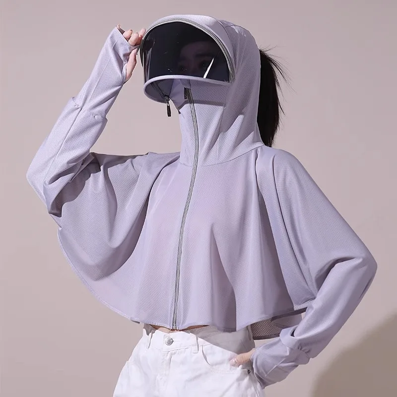 Summer Ice Silk Sun Protection Quick Dry Jacket Skin Windbreaker Hooded Shade Outdoor Mask Protection Coat Woman Clothing Z509