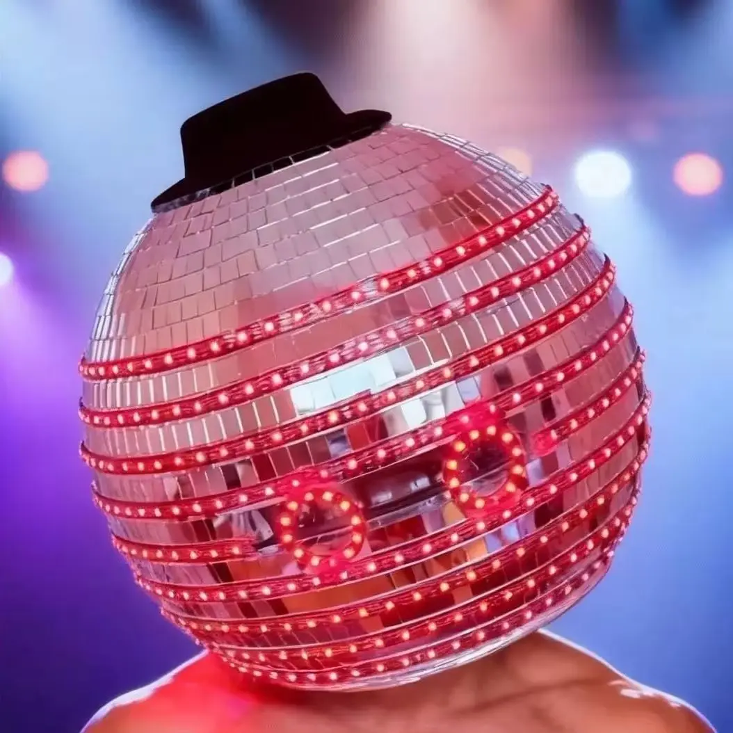 LED Disco Ball Mirror Helmet, Silver Mirror Disco Mask with Red Light and Mini Top Hat, Nightclub Party Stage Performance