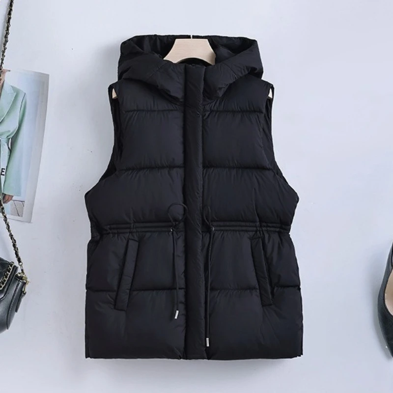 New Women Vest Jackets Casual Solid Coats Hooded Sleeveless Zipper Pockets Loose Cinched Waist Office Lady Winter Waistcoat Tops