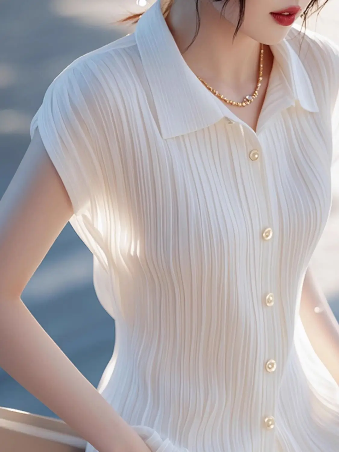 Stijlvol en elegant slim-fit polokraag met korte mouwen, afslankende top met enkele rij knopen voor dames