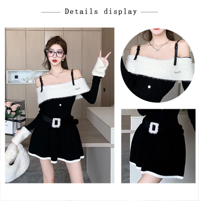 Slash Neck Knitted Dress Black and White Splice Camisole Short Dresses Autumn and Winter New Fashion Dresses for Women 2023