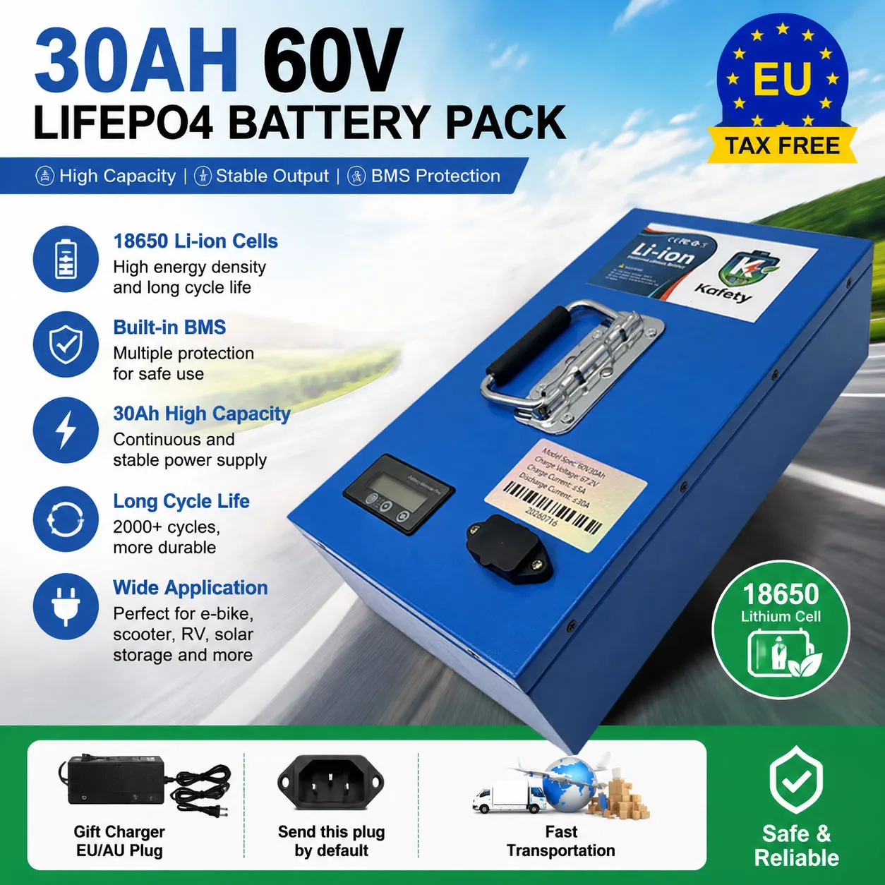 Image of 60V 21700 Lithium-Batteriepack 20AH-100AH Volle Kapazität Leistungsbatterie Schneller Lufttransport Geeignet für 250-3000W Mit Ladegerät