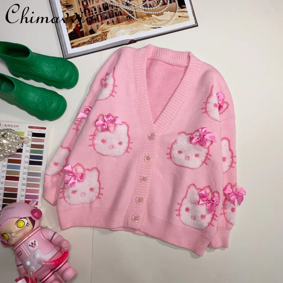 Autumn Winter New Sweet Cute Girls Elegant 3D Hello Kitty Jacquard Sweater Coat Student Loose Slim-fit Women's Knit Cardigan