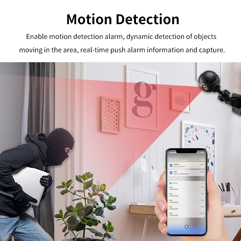 Mini Smart Security Camera: AP/WiFi Connect, APP Remote View, Alarm, Motion/Sound Detect, IR Night Vision, 2-Way Intercom