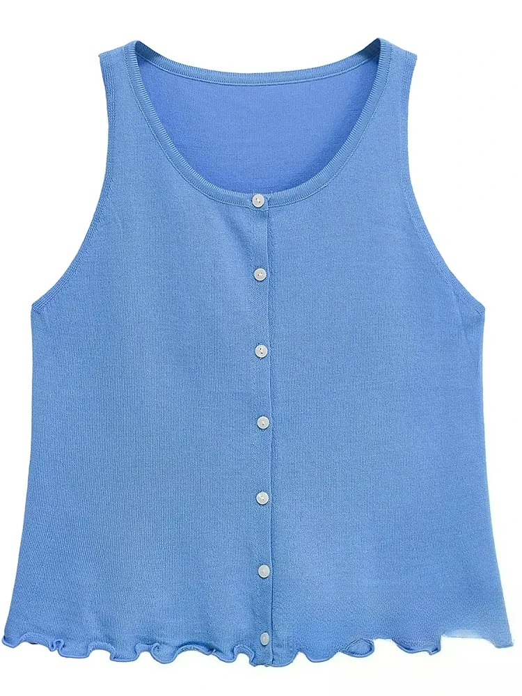 

KONDALA Casual Chic Women Top Solid Single Breasted O-Neck Sleeveless Knitted Top New Fashion 2025 Spring Summer Holiday Top