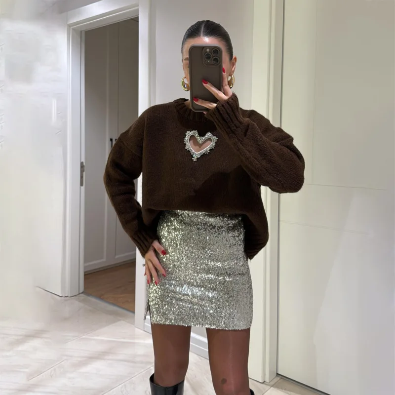 Round Neck Diamond Hollowed Studded Heart-shaped Long Sleeved Pullover Women's Solid Color Leisurely Fashion Style Party Sweater