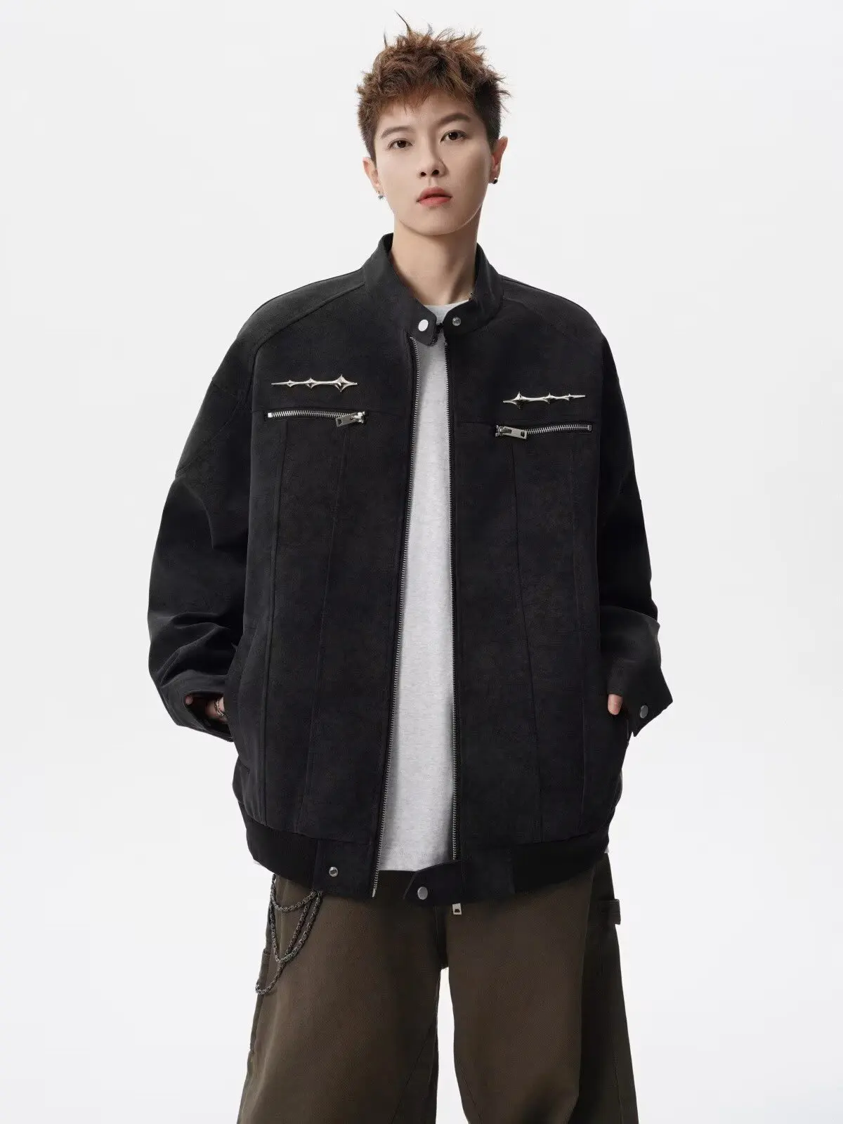 

Retro Metal-Decorated Pu Leather Jacket, Men's and Women's Autumn and Winter Stand-Collar Work Jacket, Casual and Versatile Jacket