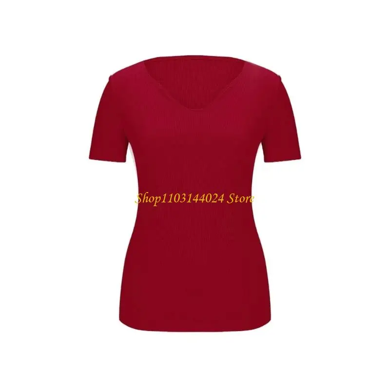 N5KE Womens Ribbed V Neck Short Sleeve Top Removable Pads Fit Basic
