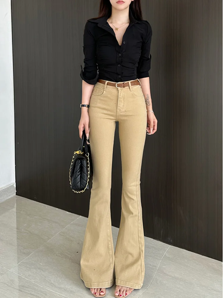 

Women's Spring Skinny Slim Fit Cowboy Pants Y2k Harajuku Fashion High Waisted With Belt Elegant Wide Leg Flared Trousers