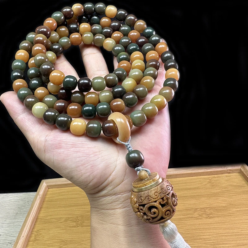 Bodhi Root Buddhist Bead Necklace 108 Beads, with Loop and Incense Burner, Handheld Version