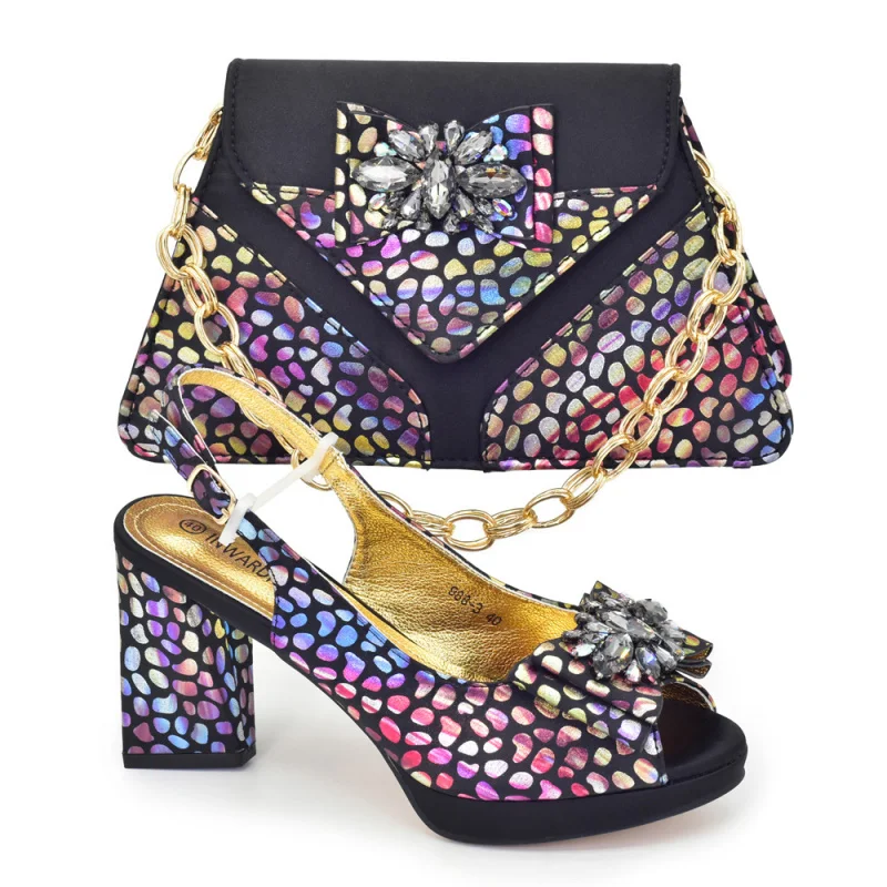

Diamond-embellished peep-toe chunky heel shoes with evening clutch set, Italian fashion design with rhinestones for evening wear