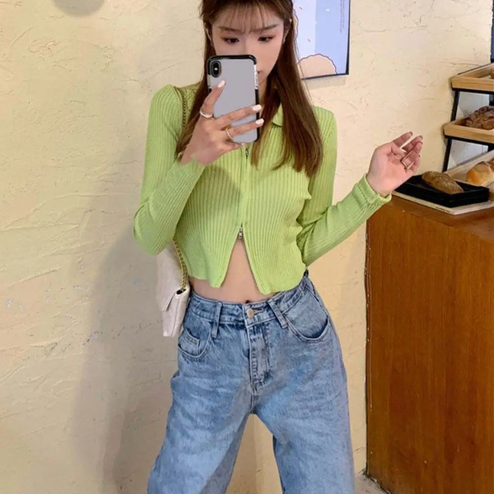 

Fashion Slim Fit Knitted Polo Cardigans Blouse Streetwear Long Sleeved Sweater Ribbed All-match Crochet Top for Women Autumn