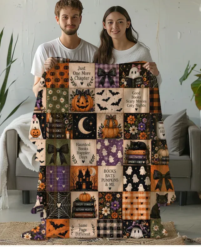 Halloween Book Lover Blanket, Spooky Book Blanket, Gothic Fall Throw, Cozy Reading Blanket, Witchy Halloween Blanket