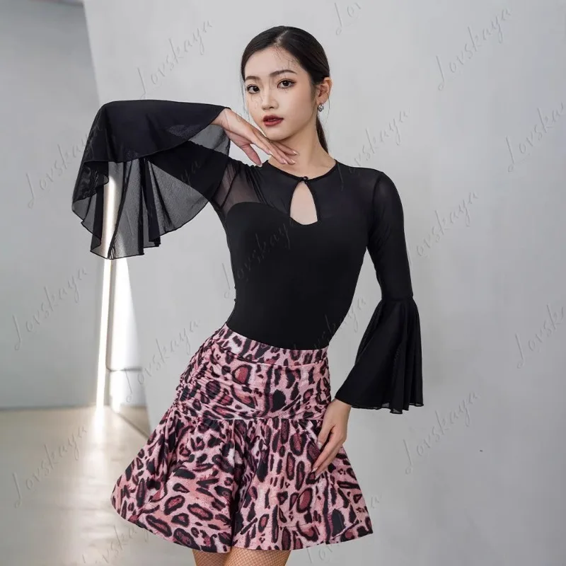 Yoga Onesie Langarm T-Shirt Damen Mesh Stitching Rundhals Horn Sleeve Latin Dance Bodysuit Top