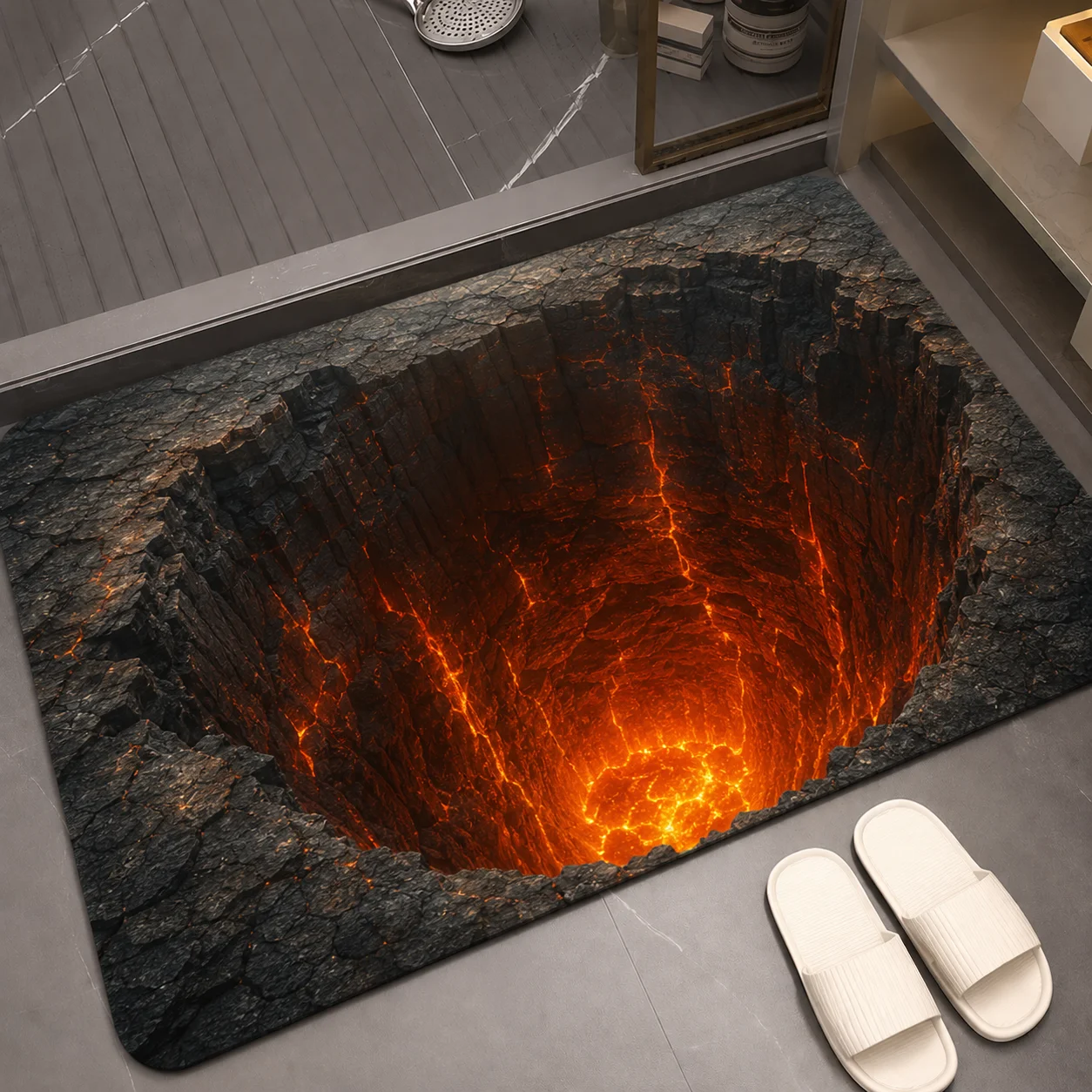 Non-Slip Doormat 3D Optical Illusion Lava Volcano Rugs Entrance Mat Waterproof Fire Lava Print 3D Bath Doormat Hallway Bathroom