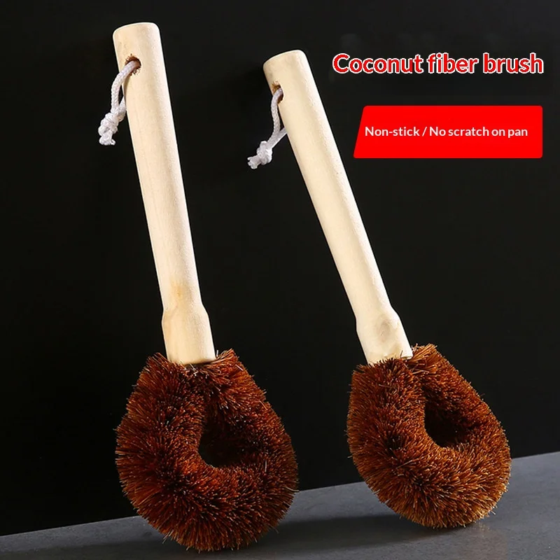 Natural Coconut Coir Pot Brush Long Handle Non‑Scratch Pan Scrubber For Wok Cast Iron Cookware Kitchen Pot Washing Cleaning Tool