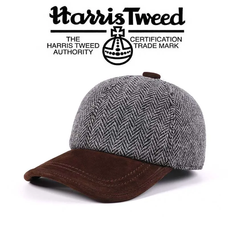 Men Harris Tweed Peaked Cap, Wool Sheepskin Blend, Retro Warm Baseball Hat, Premium Casual Outdoor Cap for Fall Winte