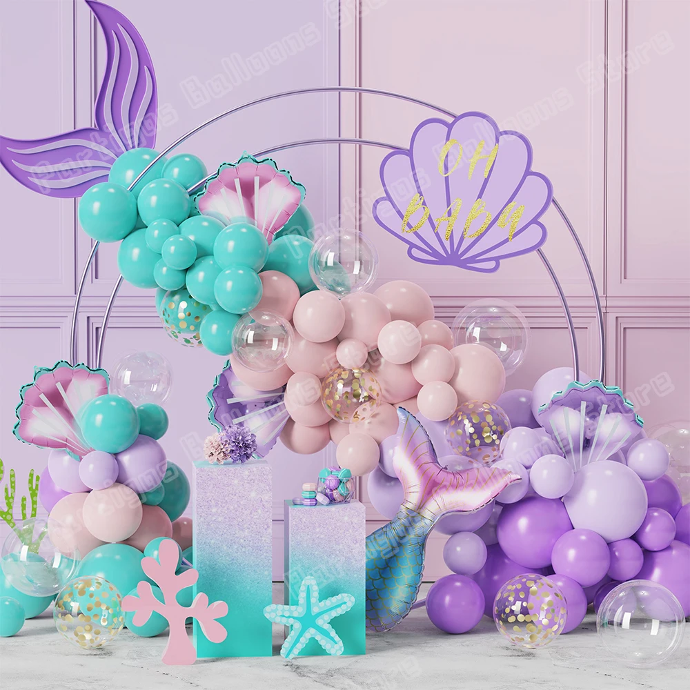 

110Pcs Purple Mermaid Theme Balloon Garland Arch Kit Shell Foil Balloon Birthday Supplies Under The Sea Mermaid Baby Shower Deco