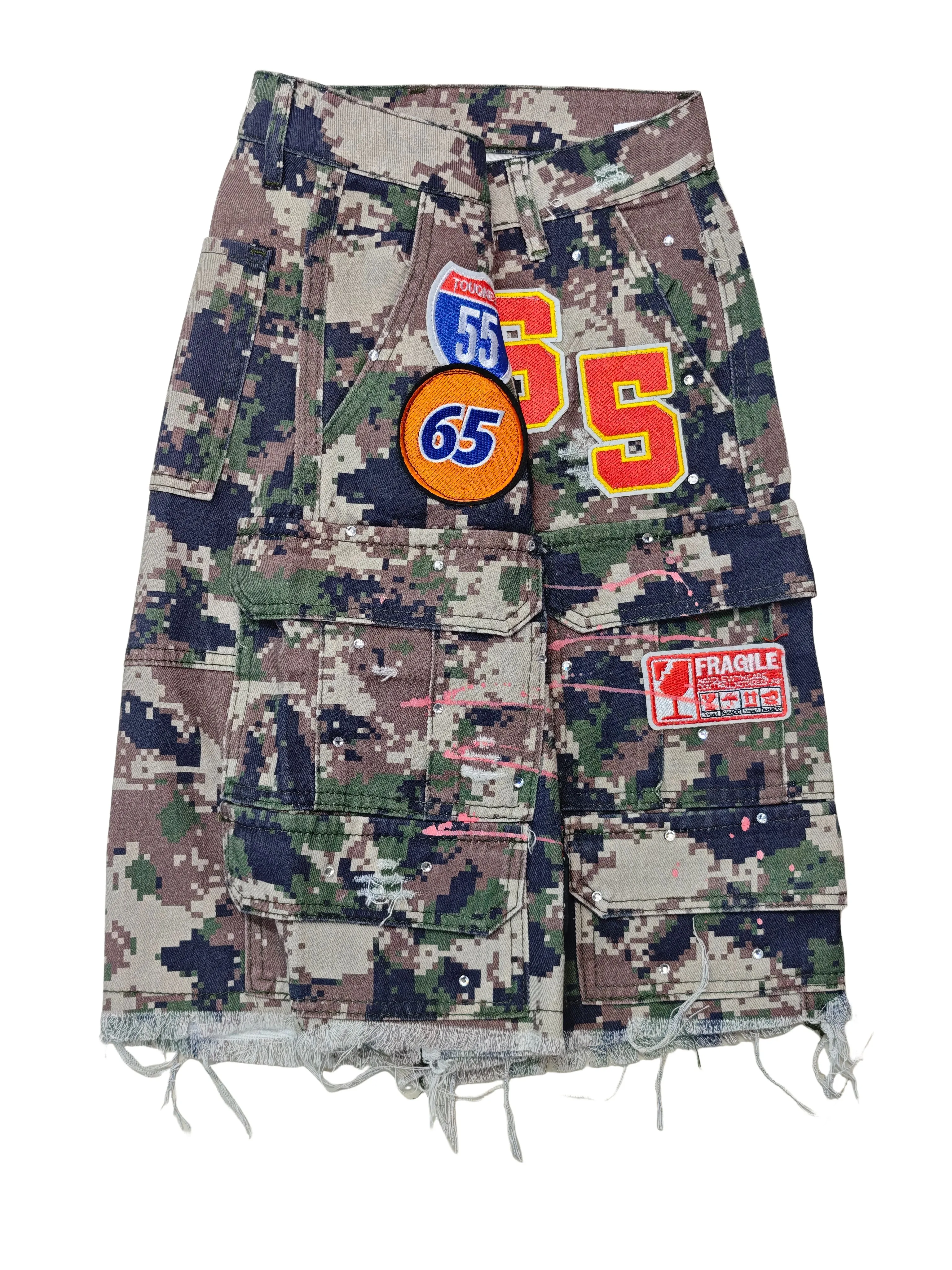 Y2k Diamanti Patch Ricamo Pantaloncini di jeans Goth Baggy Jeans corti Camou Streetwear Pantaloncini a gamba larga a vita alta Pantaloni cargo da donna