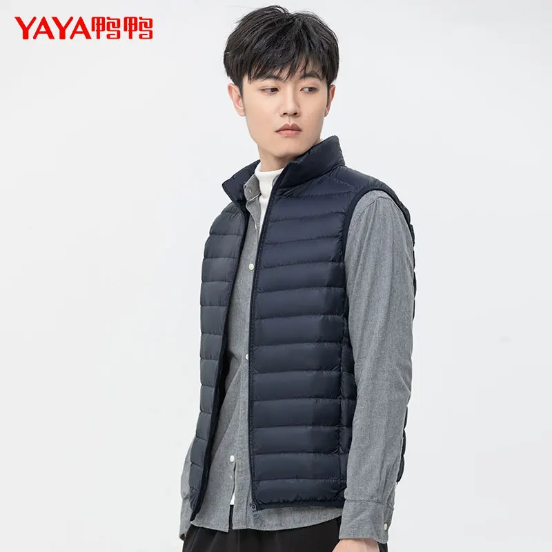 

YAYA 2022 New Men White Duck Down Jacket Ultralight Sleeveless Vest Jacket Fashion Stand Collar Men Large Size Loose soft Vest