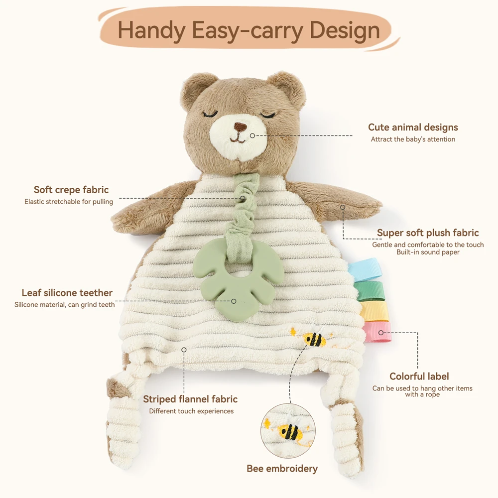 Plush Teddy Bear Comfort Blanket Baby Comfort Toy Two Sides with Different Textures Promotes Sensory Development Baby Toy Gifts