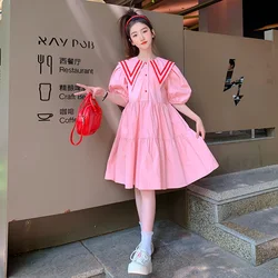 Teens Girls Summer Dress Children Casual Sweet Turn-down Collar Gown Kids Pink Short Sleeves Vestidos New Princess Loose Dresses