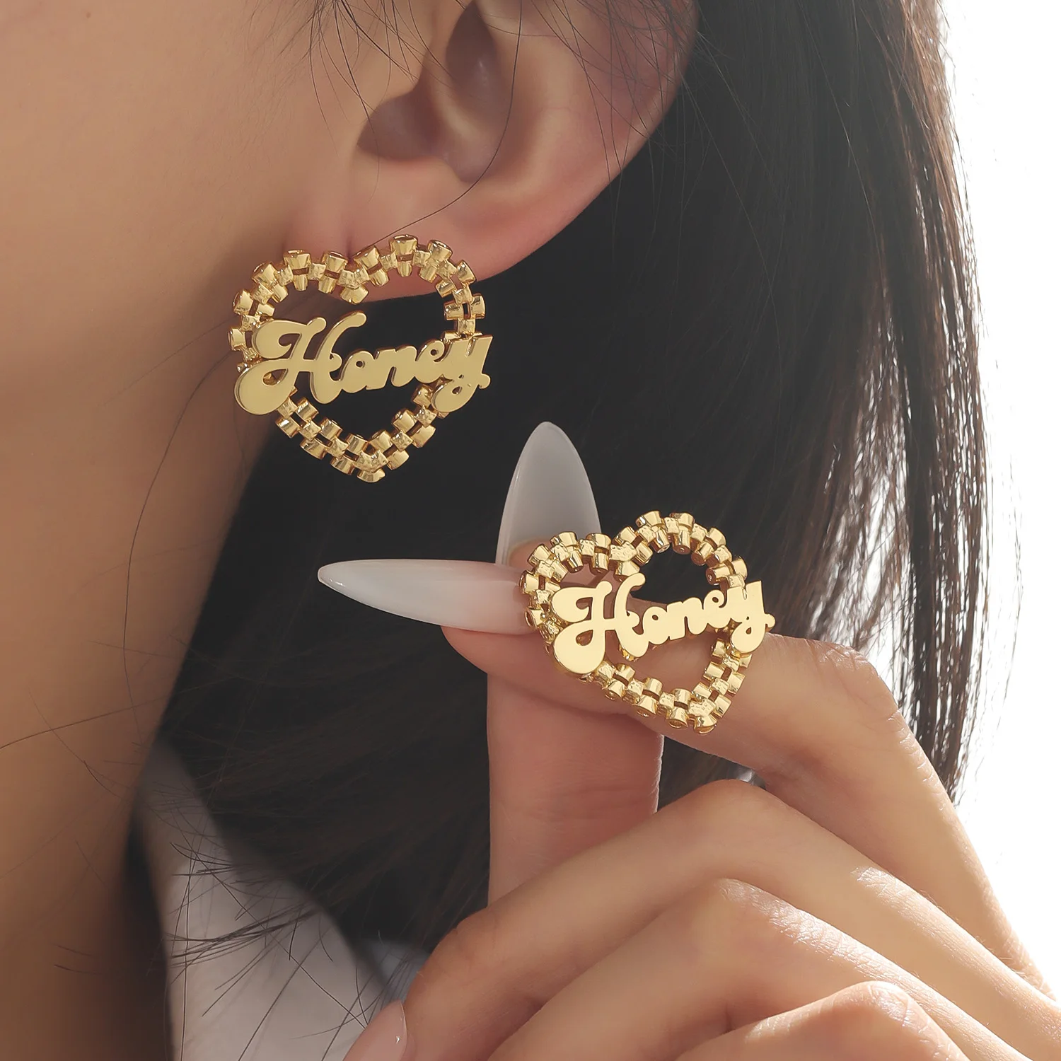 

Dascusto Stainless Steel Personalized Gift Jewelry Heart Design Customize Name Earring Watch Shape Hoop Kids Earrings For Womens