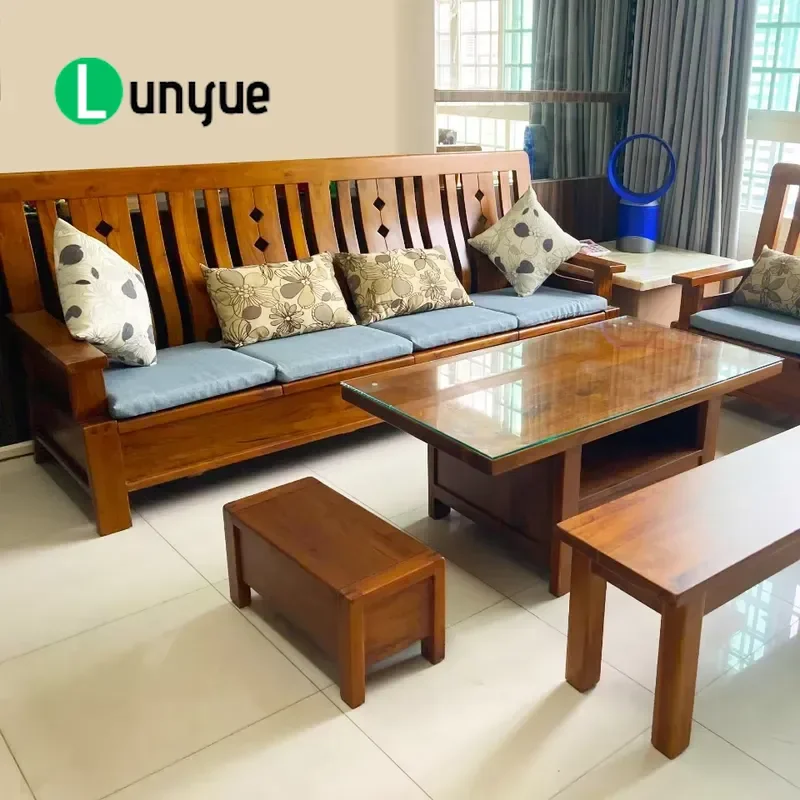 Classic Modern Asian Teak 4 Seat Sofa Set Durable Solid Wood Living Room Furniture