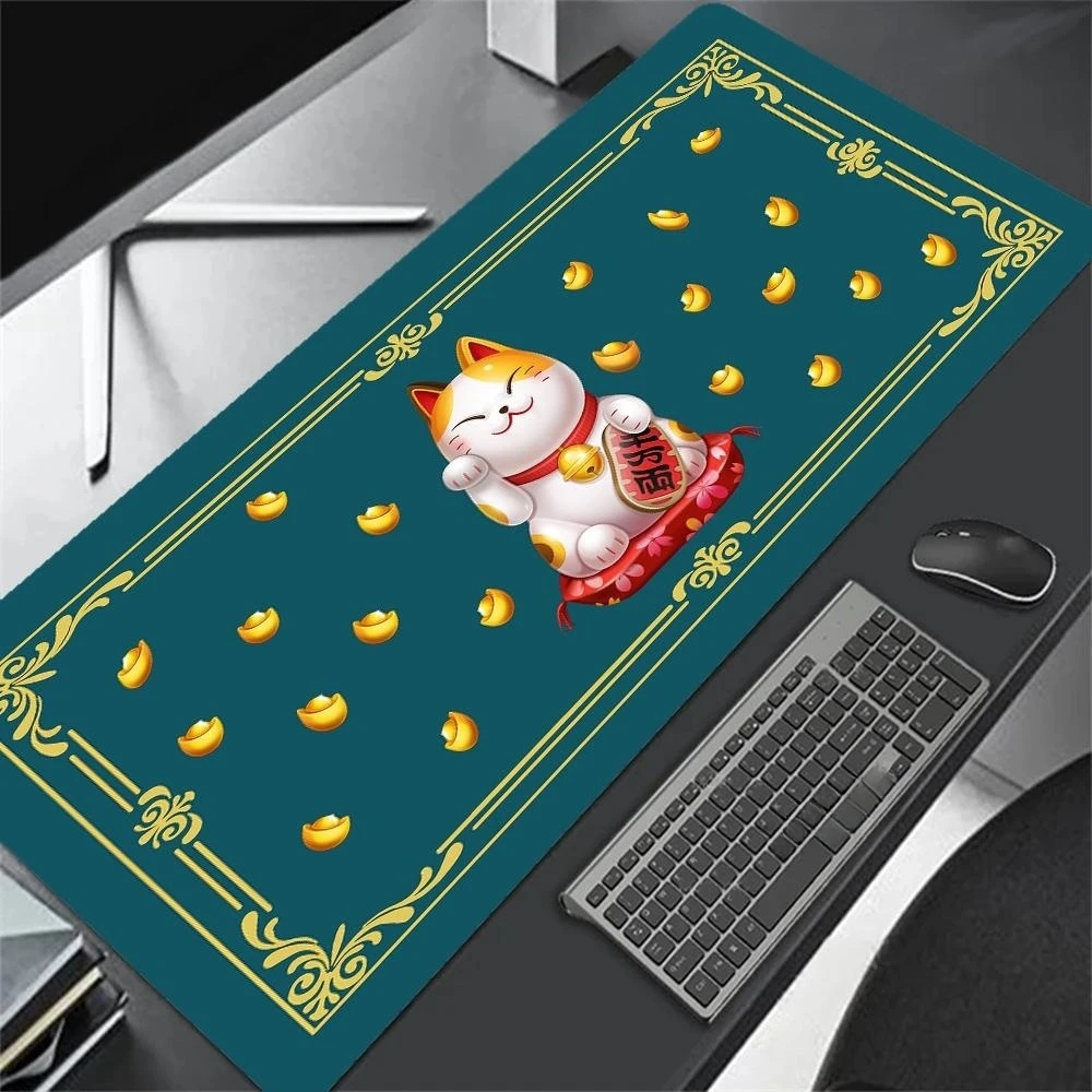 Fortune Cat Mouse Pad Gaming Accessories HD Art Large Home Black Cute Kawaii PC Gamer Anti-slip Office Rubber Keyboard Desk Pad