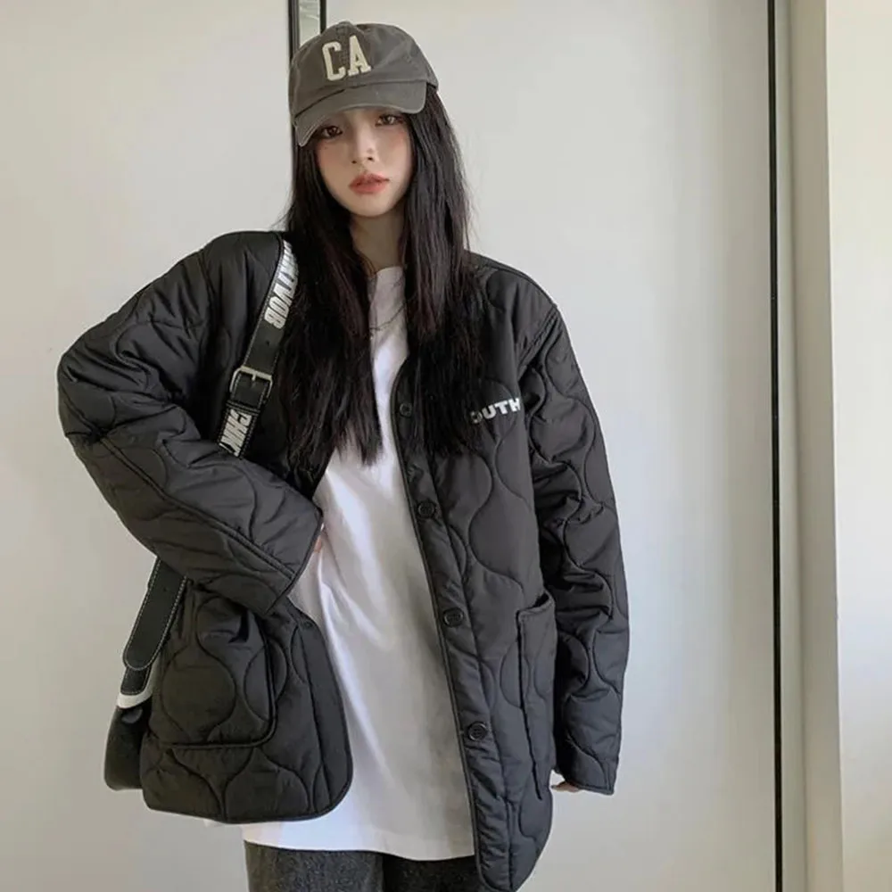 Parka negra con cremallera para mujer, abrigo grueso cálido, Chaqueta corta, ropa de calle coreana, ropa Harajuku, Tops de gran tamaño, Invierno